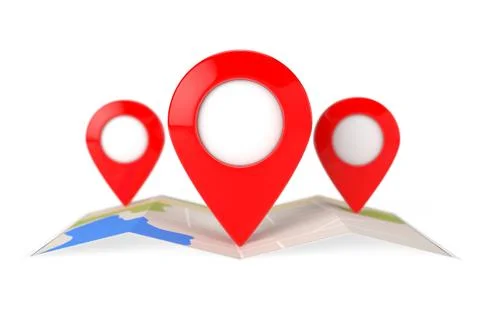 Folded Abstract Navigation Map with Three Target Map Pointer Pins. 3d Renderi Illustrazione stock