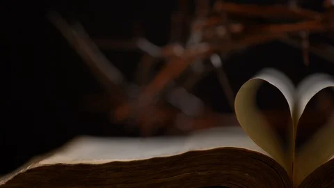 Folded Bible with Thorn Crown in the Background. Book, Jesus Stock-Footage 128592882