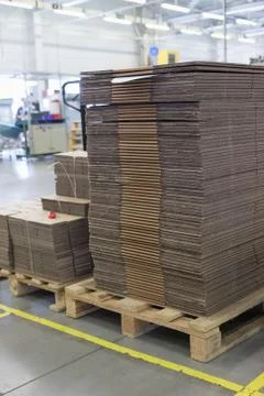 Folded cardboard boxes in the assembly hall Stock Photos