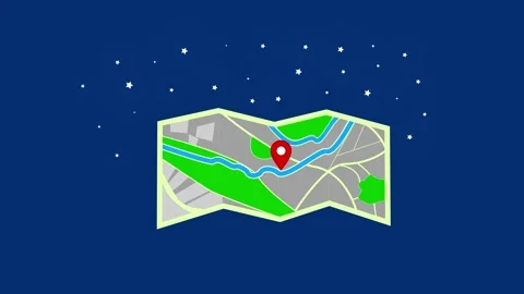 Folded city map with rive location pin starry background animation Stock Footage 335114103