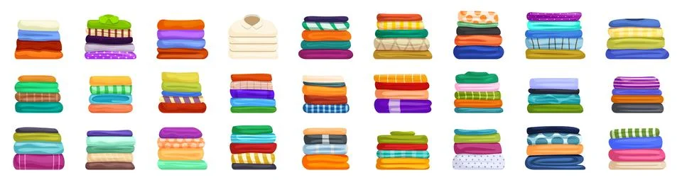 Folded clothes stack icons set. Laundry worker folding clean clothes and towels Illustrazione stock