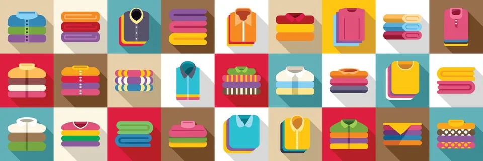 Folded clothes stack icons set. Colorful stacks of folded shirts, sweaters, a Stock Illustration