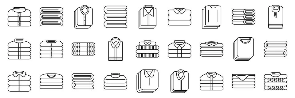 Folded clothes stack icons set. Neat stacks of folded shirts, sweaters, and t Stock Illustration