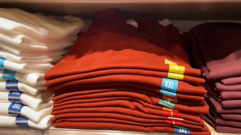 Folded clothes stacked on shelves in retail store showcasing variety and or.. Stock Footage 332064220