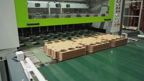 Folded, finished cardboard boxes move along the conveyor. Machine for the Stock Footage 280120304