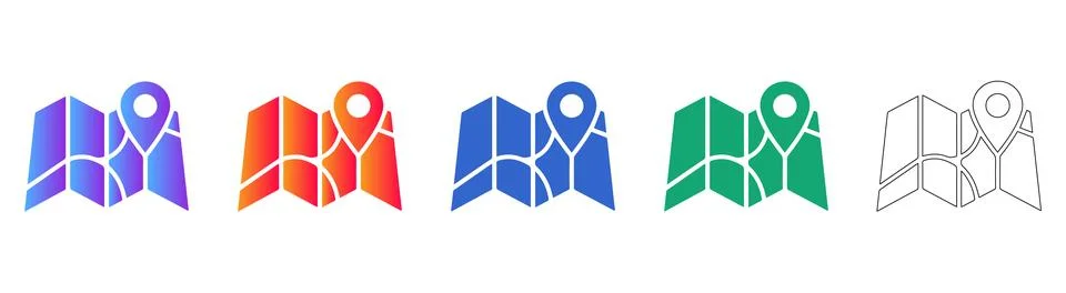 Folded Map and Location Marker Icon Set Stock Illustration