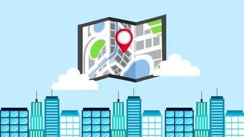 Folded map with GPS pin floating above a city skyline and clouds location Stock Footage 325868693