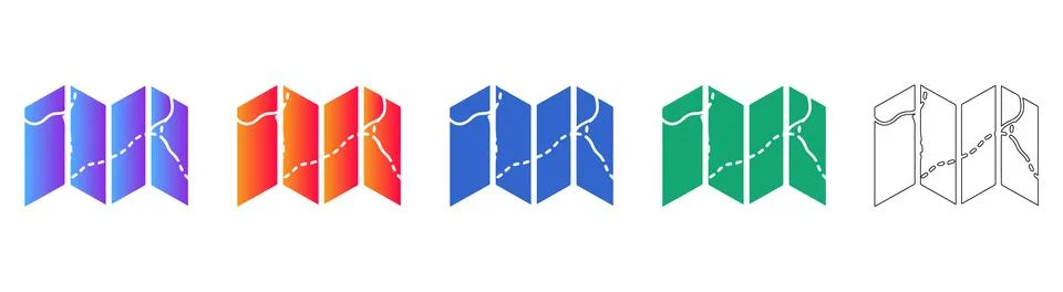 Folded Map Icons with Dotted Route Line Stock Illustration