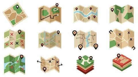 Folded map icons with location markers and route paths for travel navigation. Stock Illustration