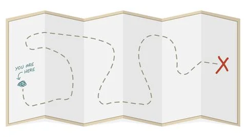 Folded Map with Journey Treasure Hunt Route Stock Illustration