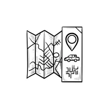 Folded map with pointer and car hand drawn outline doodle icon. 스톡 일러스트