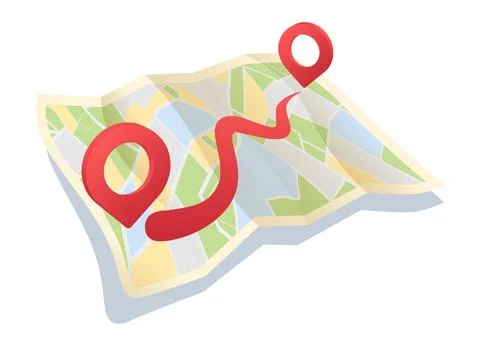 Folded Map with Route and Location Pins. Paper map with colorful landscape Stock Illustration