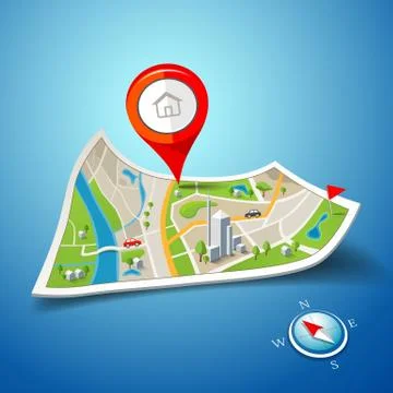 Folded maps navigation with red color point markers design background Stock Illustration