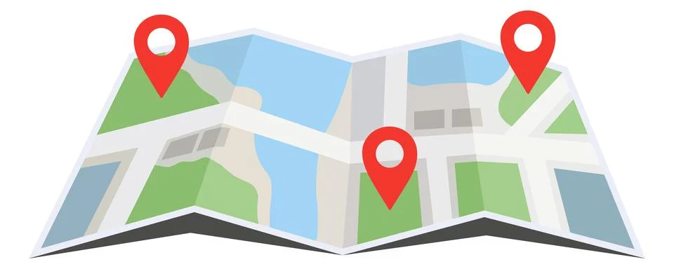 Folded maps navigation, red pin location icon on building city street roads d Stock Illustration