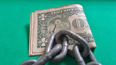 Folded one dollar bill secured by heavy metal iron chains Stock Photos