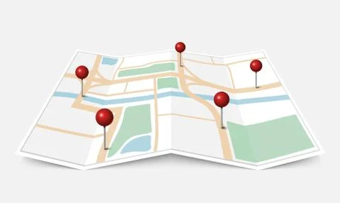 Folded paper city map with red pin pointer, vector illustration Stock Illustration