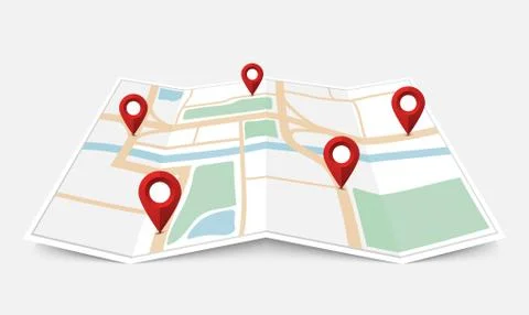 Folded paper city map with red pin pointer, vector illustration Stock Illustration