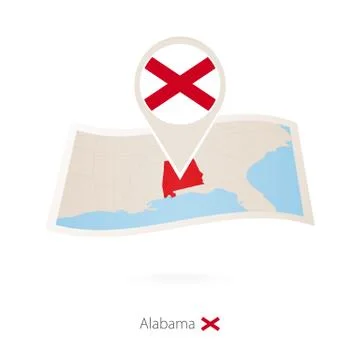 Folded paper map of Alabama U.S. State with flag pin of Alabama. Stock Illustration