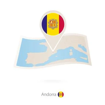 Folded paper map of Andorra with flag pin of Andorra. Stock Illustration