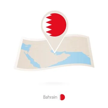 Folded paper map of Bahrain with flag pin of Bahrain. Stock Illustration