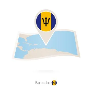 Folded paper map of Barbados with flag pin of Barbados. Stock Illustration