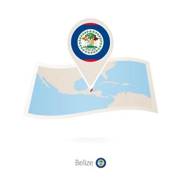 Folded paper map of Belize with flag pin of Belize. Stock Illustration