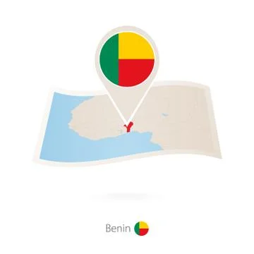 Folded paper map of Benin with flag pin of Benin. Stock Illustration