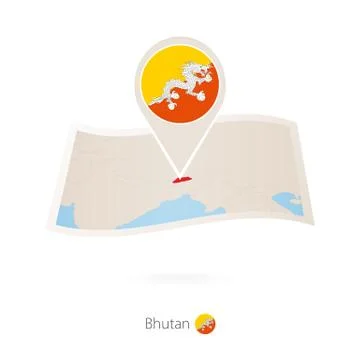 Folded paper map of Bhutan with flag pin of Bhutan. Stock Illustration