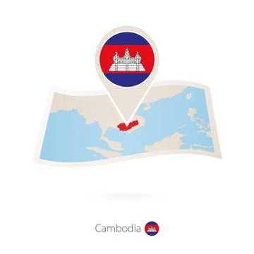 Folded paper map of Cambodia with flag pin of Cambodia. Stock Illustration
