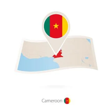 Folded paper map of Cameroon with flag pin of Cameroon. Stock Illustration
