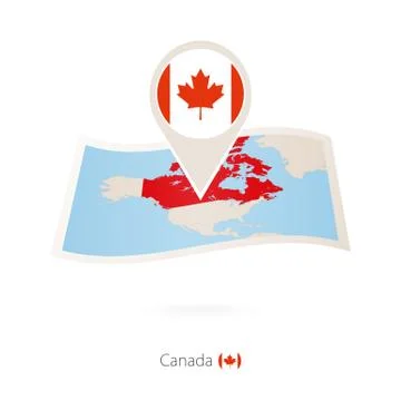 Folded paper map of Canada with flag pin of Canada. Stock Illustration