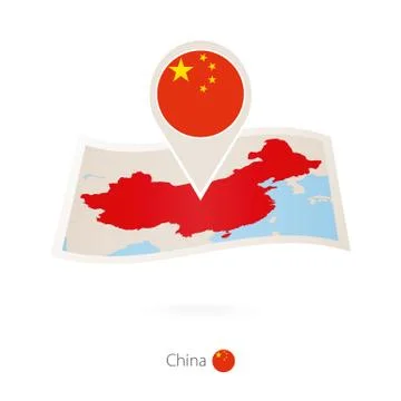 Folded paper map of China with flag pin of China. Stock Illustration