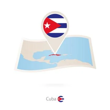 Folded paper map of Cuba with flag pin of Cuba. Stock Illustration