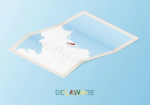Folded paper map of Delaware with neighboring countries in isometric style. Иллюстрация