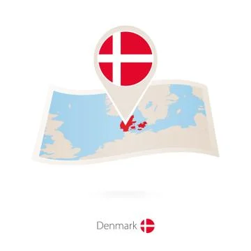 Folded paper map of Denmark with flag pin of Denmark. Stock Illustration