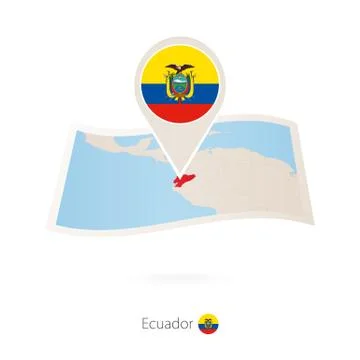 Folded paper map of Ecuador with flag pin of Ecuador. Stock Illustration
