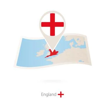 Folded paper map of England with flag pin of England. Stock Illustration