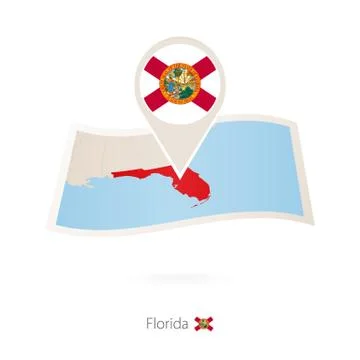 Folded paper map of Florida U.S. State with flag pin of Florida. Stock Illustration
