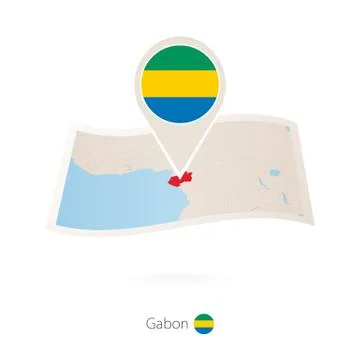 Folded paper map of Gabon with flag pin of Gabon. Stock Illustration