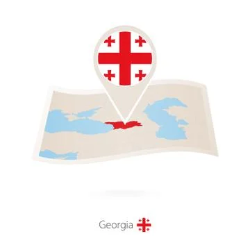 Folded paper map of Georgia with flag pin of Georgia. Stock Illustration