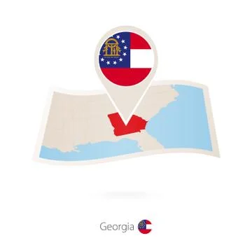 Folded paper map of Georgia U.S. State with flag pin of Georgia. Stock Illustration