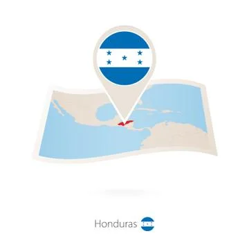 Folded paper map of Honduras with flag pin of Honduras. Stock Illustration