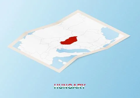Folded paper map of Hungary with neighboring countries in isometric style. Stock Illustration