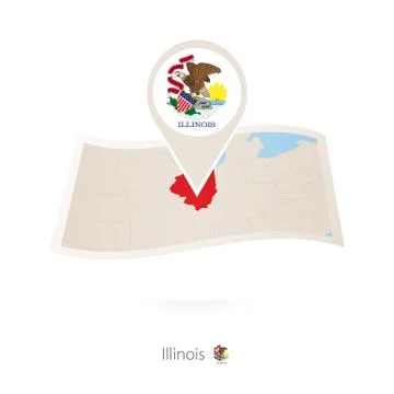 Folded paper map of Illinois  U.S. State with flag pin of Illinois. Stock Illustration