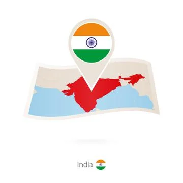 Folded paper map of India with flag pin of India. Stock Illustration