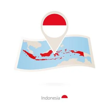 Folded paper map of Indonesia with flag pin of Indonesia. Stock Illustration