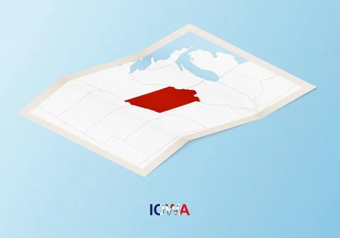 Folded paper map of Iowa with neighboring countries in isometric style. Stock Illustration