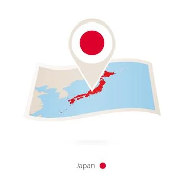 Folded paper map of Japan with flag pin of Japan Stock Illustration