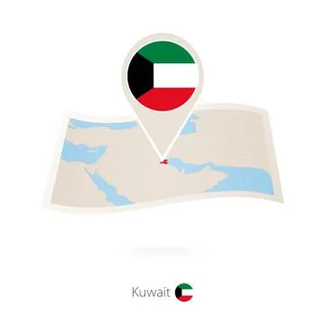 Folded paper map of Kuwait with flag pin of Kuwait. Stock Illustration