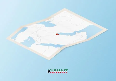 Folded paper map of Kuwait with neighboring countries in isometric style. Stock Illustration